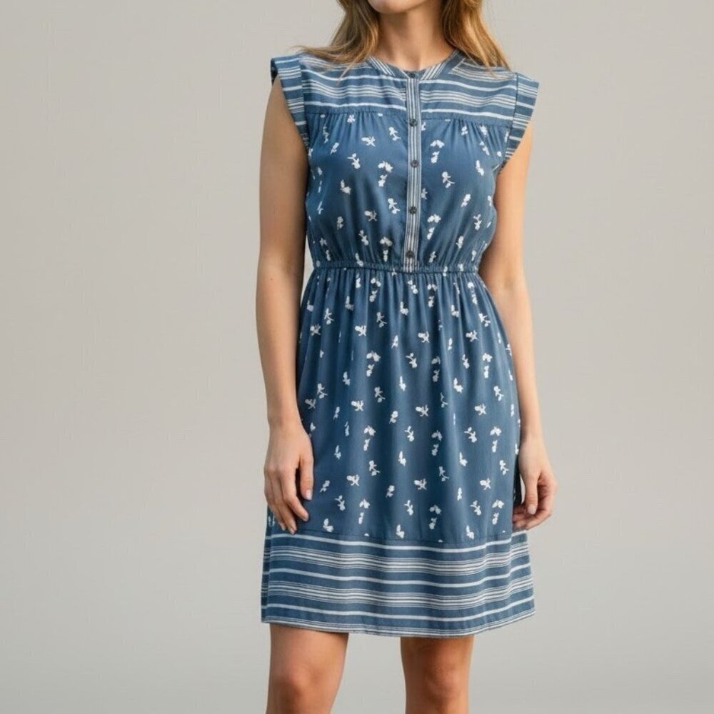 NEW Ann Taylor LOFT Floral MIDI Dress XSMALL Blue White Cap Sleeves
